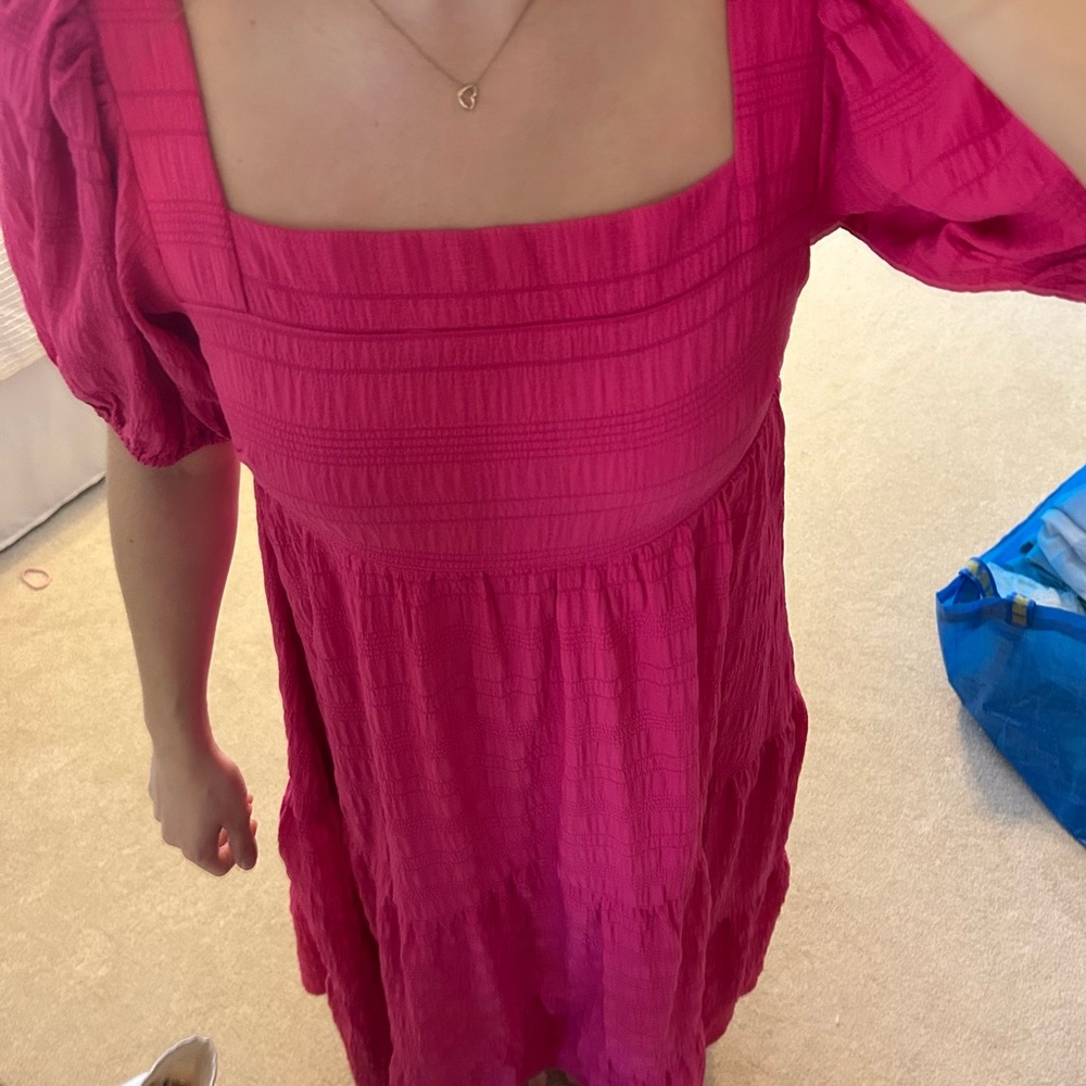 Square Neck Puff Sleeve Maxi Dress in Hot Pink